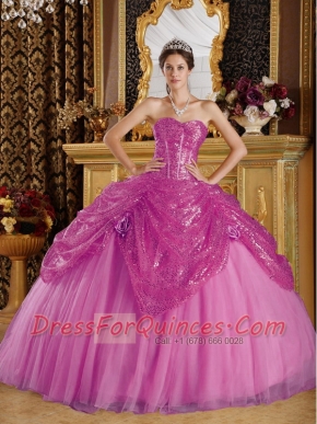 Pretty Sweetheart Sequined and Tulle with hand Made flower Ball Gown Dress in Pink