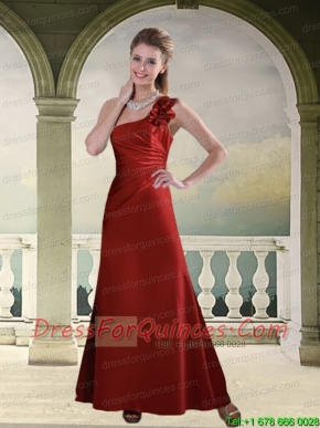 Ruching One Shoulder Wine Red Prom Dress with Hand Made Flowers
