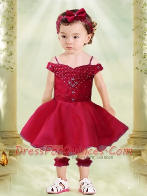 Elegant Wine Red A-Line Off the Shoulder Tea-length Little Girl Dress with Appliques and Beading