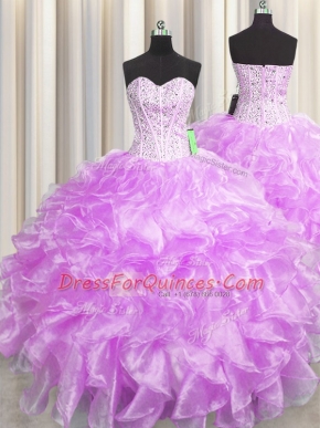 Visible Boning Zipper Up Sweetheart Sleeveless Zipper Vestidos de Quinceanera Lilac Organza