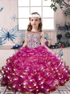 Fuchsia Kids Formal Wear Party and Military Ball and Wedding Party with Beading and Ruffles Scoop Sleeveless Lace Up