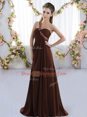 Delicate One Shoulder Sleeveless Court Dresses for Sweet 16 Brush Train Beading Brown Chiffon