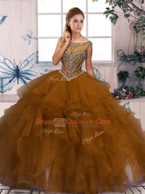 Ball Gowns Quince Ball Gowns Brown Scoop Organza Sleeveless Floor Length Zipper