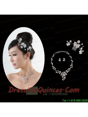 Butterfuly Rhinestone and Pearl Necklace Headpiece Wedding Jewelry Set