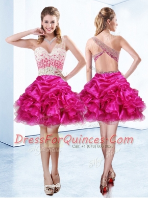 One Shoulder Fuchsia Sleeveless Knee Length Beading and Ruffles and Pick Ups Criss Cross Evening Dress