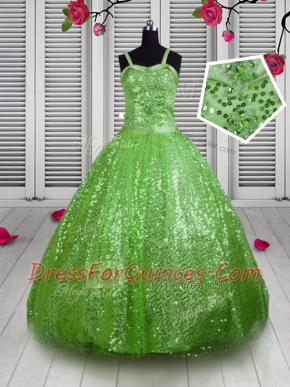 Sleeveless Sequined Floor Length Lace Up Little Girl Pageant Gowns in Apple Green with Beading and Sequins