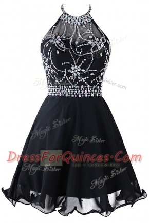 Scoop Sleeveless Organza Mini Length Zipper Homecoming Dress in Black with Beading and Belt