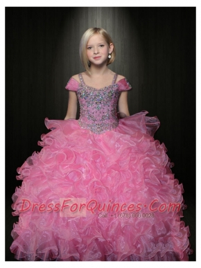 Pretty Rose Pink Off Shoulder Little Gril Pageant Dress with Beading