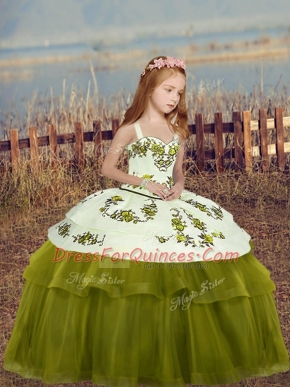 Olive Green Lace Up Straps Embroidery Child Pageant Dress Tulle Sleeveless