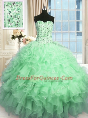 Comfortable Sleeveless Beading and Ruffles and Sequins Lace Up Quinceanera Gown
