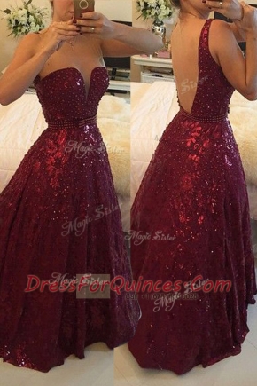 Low Price V-neck Sleeveless Backless Burgundy Lace