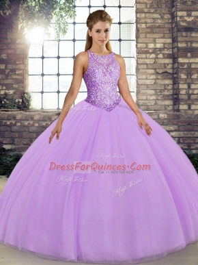Lavender Tulle Lace Up Ball Gown Prom Dress Sleeveless Floor Length Embroidery