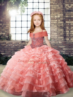 Watermelon Red Lace Up Straps Beading and Ruffled Layers Little Girls Pageant Dress Wholesale Organza Sleeveless Brush Train