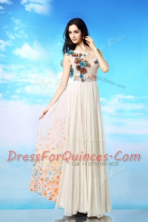 White Side Zipper Scoop Appliques and Ruching and Pattern Evening Dress Chiffon Sleeveless