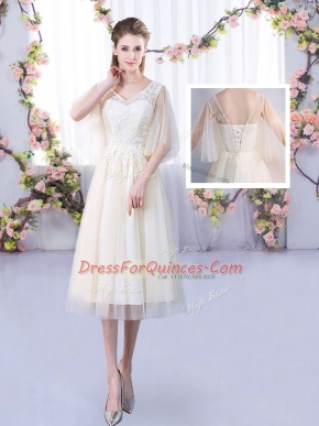 Best V-neck Sleeveless Tulle Quinceanera Court of Honor Dress Lace Lace Up