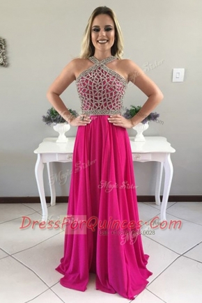 Fuchsia A-line Halter Top Sleeveless Chiffon With Train Sweep Train Zipper Beading Prom Evening Gown