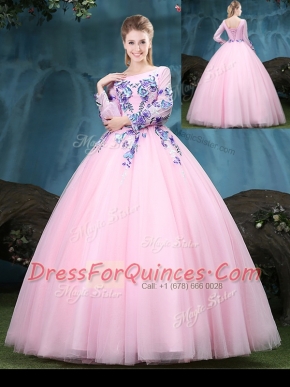 Inexpensive Scoop Long Sleeves Floor Length Lace Up Sweet 16 Dress Baby Pink for Military Ball and Sweet 16 and Quinceanera with Appliques