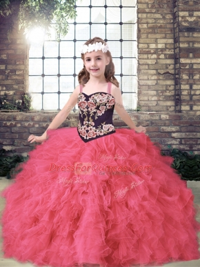 Perfect Coral Red Sleeveless Tulle Lace Up Pageant Gowns For Girls for Party and Wedding Party