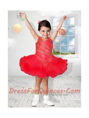 2014 Scoop Mini-length Beading Pretty Red Little Girl Dress