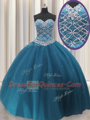 Sequins Sweetheart Sleeveless Lace Up Quinceanera Gowns Teal Tulle