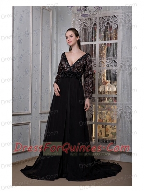 Prom Dress Black A-line V-neck Court Train Chiffon Beading