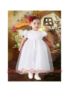 A-Line Tea-length Short Sleeves Formal Flower Girl Dress with Appliques and Ruffles