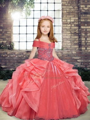 Coral Red Sleeveless Floor Length Beading and Ruffles Lace Up Pageant Gowns For Girls