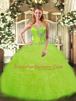 Free and Easy Sleeveless Organza Floor Length Lace Up 15th Birthday Dress in Yellow Green with Beading and Ruffles