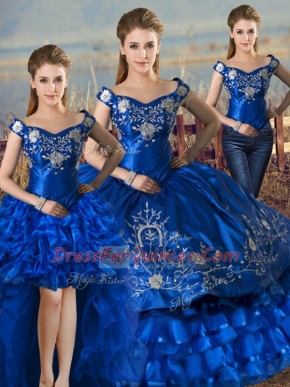 Trendy Ball Gowns Quinceanera Dress Royal Blue Off The Shoulder Satin and Organza Sleeveless Floor Length Lace Up