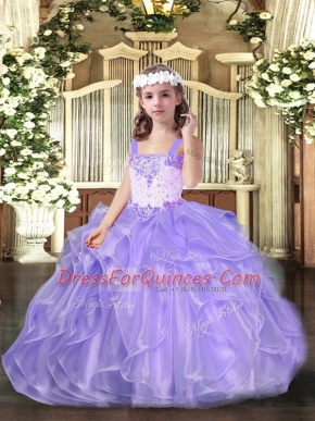 Lavender Sleeveless Floor Length Beading and Ruffles Lace Up Girls Pageant Dresses