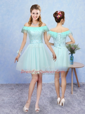 New Arrival Aqua Blue Quinceanera Dama Dress Prom and Party with Lace Off The Shoulder Cap Sleeves Lace Up