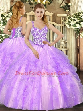 Sleeveless Lace Up Floor Length Beading and Appliques and Ruffles Sweet 16 Dresses