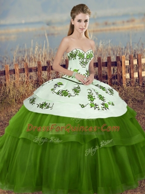 Deluxe Sweetheart Sleeveless Sweet 16 Dress Floor Length Embroidery and Bowknot Green Tulle