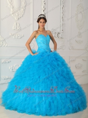 Blue Ball Gown Sweetheart Floor-length Satin and Organza Beading Quinceanera Dress