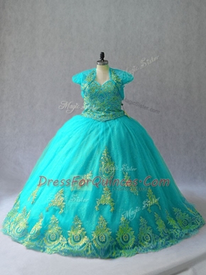 Pretty Aqua Blue Sweetheart Lace Up Appliques Quinceanera Gown Sleeveless