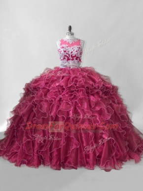 Classical Brush Train Two Pieces Sweet 16 Dress Hot Pink Scoop Organza Sleeveless Zipper