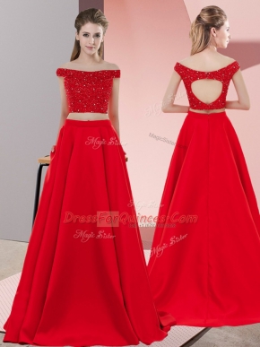 Red Off The Shoulder Backless Beading Prom Gown Sweep Train Sleeveless
