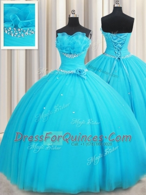 Aqua Blue Lace Up Ball Gown Prom Dress Beading and Ruffles and Hand Made Flower Sleeveless Floor Length
