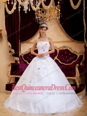 White A-Line / Princess Strapless Floor-length Organza Appliques Quinceanera Dress