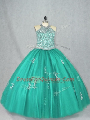Turquoise Halter Top Neckline Beading and Appliques Sweet 16 Dress Sleeveless Lace Up