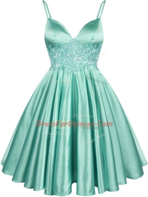 Stunning A-line Dama Dress for Quinceanera Apple Green Spaghetti Straps Elastic Woven Satin Sleeveless Knee Length Lace Up