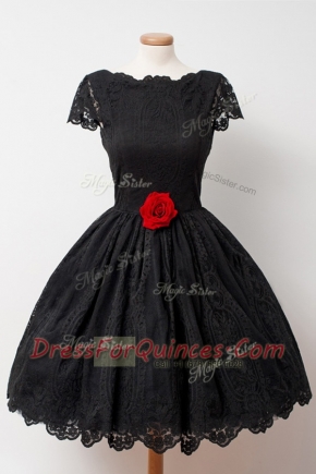 Trendy Black Ball Gowns Bateau Cap Sleeves Lace Knee Length Backless Hand Made Flower