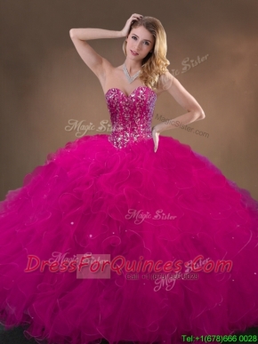 Pretty Fuchsia Sweet 16 Gowns with Beading and Ruffles