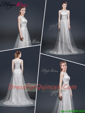 2016 Elegant Empire Bateau Prom Dresses with Brush Train