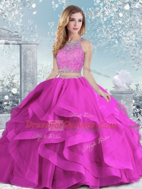 Most Popular Fuchsia Sleeveless Floor Length Beading and Ruffles Clasp Handle 15 Quinceanera Dress