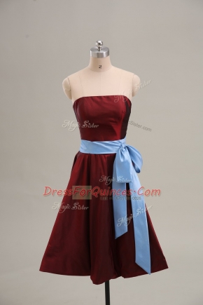 Chic A-line Party Dress for Toddlers Wine Red Strapless Taffeta Sleeveless Mini Length Zipper