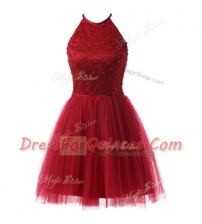 Wine Red A-line Scoop Sleeveless Chiffon Knee Length Zipper Beading Prom Dresses