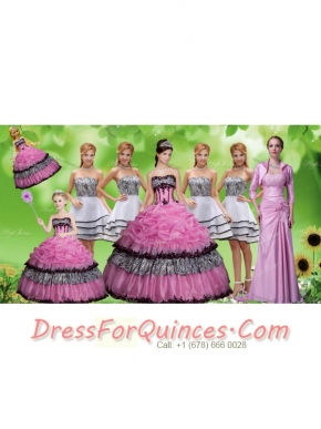 Luxurious Applique Zebra Rose Pink Quinceanera Dress and Strapless White Dama Dresses and Pick Ups Mini Quinceanera Dress and Applique Mother of The Bride Dress