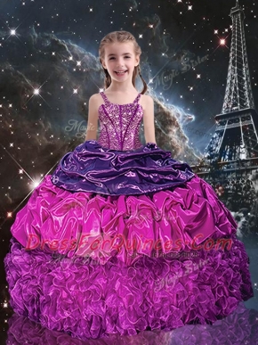 Purple Lace Up Spaghetti Straps Beading and Ruffles and Pick Ups Little Girl Pageant Gowns Organza Sleeveless