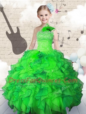 Sumptuous Floor Length Green Little Girls Pageant Gowns Organza Sleeveless Beading and Ruffles